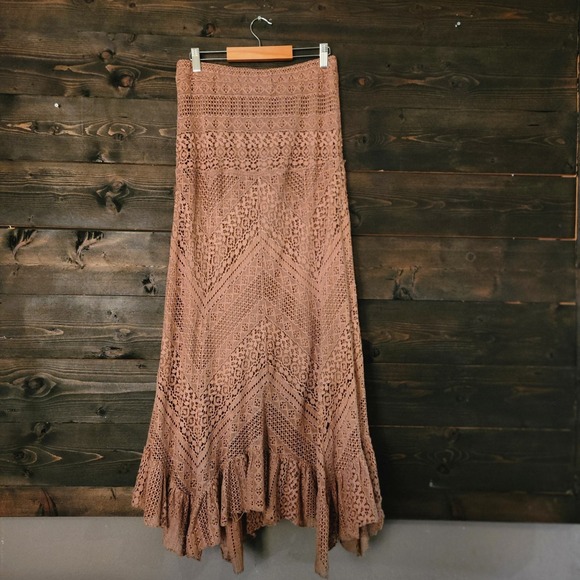 Vtg Solitaire Maxi Skirt Womens S Lace Tiered Western Cowgirl Gypsy Boho Brown - Picture 4 of 14